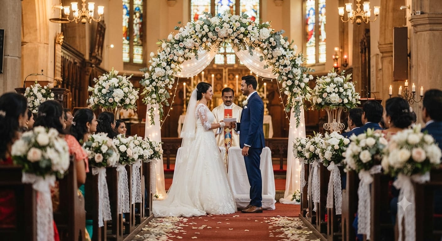 Christian wedding aisle with floral arch