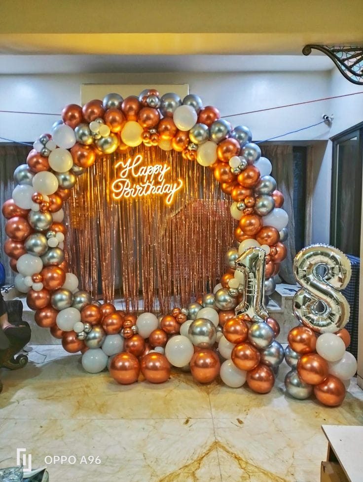 Rose gold birthday balloon arch
